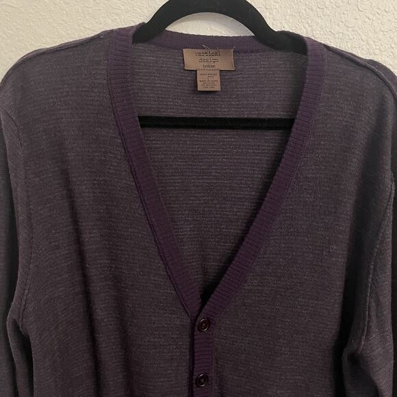 Vertical Design Homme 100% Merino Wool Cardigan Mens Large Purple Stripe Grandpa - Picture 2 of 12